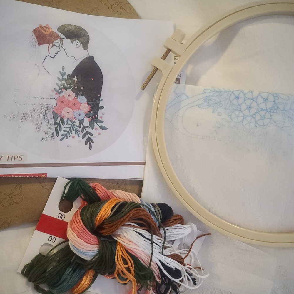 Wedding‎ Bride Groom Embroidery Kit DIY Needlepoint Set - Hoop Pattern & Floss